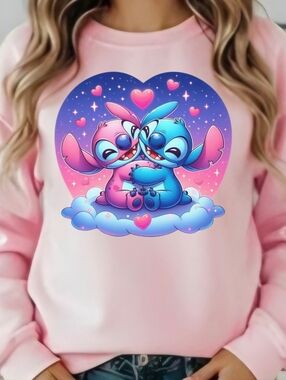 Gildan Pink Kids Sweatshirt with Cute Blue & Pink Cartoon Hugging Characters